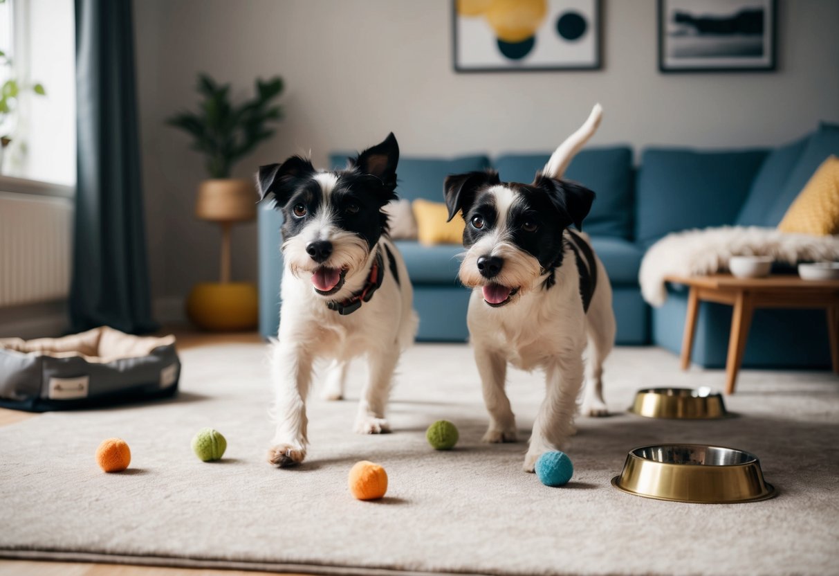 Two border terriers playing in a cozy living room, toys scattered around. A dog bed and food bowls are visible, indicating a comfortable home for the pets