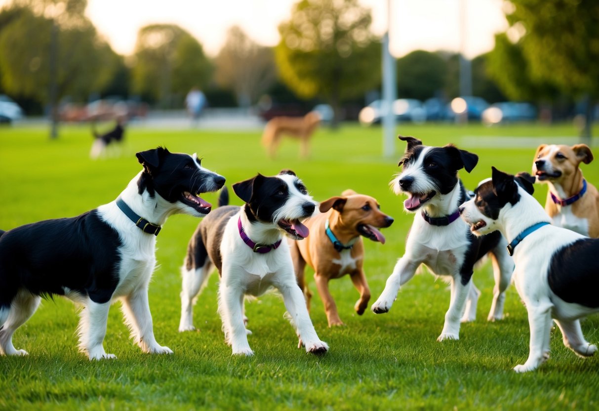 Two border terriers playfully interact with a group of other dogs at a dog park, showing friendly and social behavior