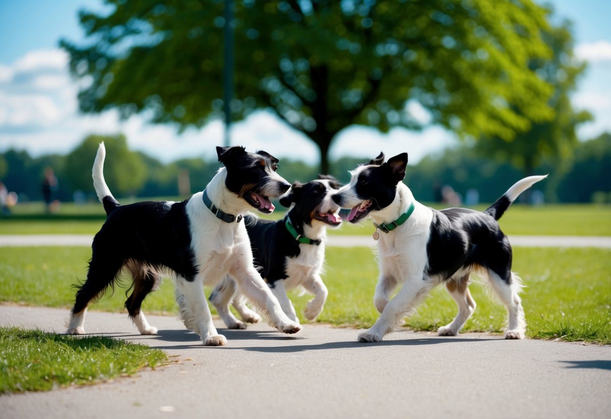 Two border terriers playfully interact with other dogs in a spacious park, surrounded by greenery and a clear blue sky