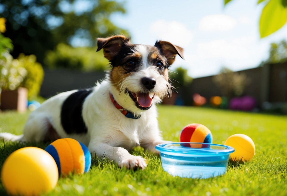 A border terrier plays happily in a sunny garden, surrounded by toys and a water bowl