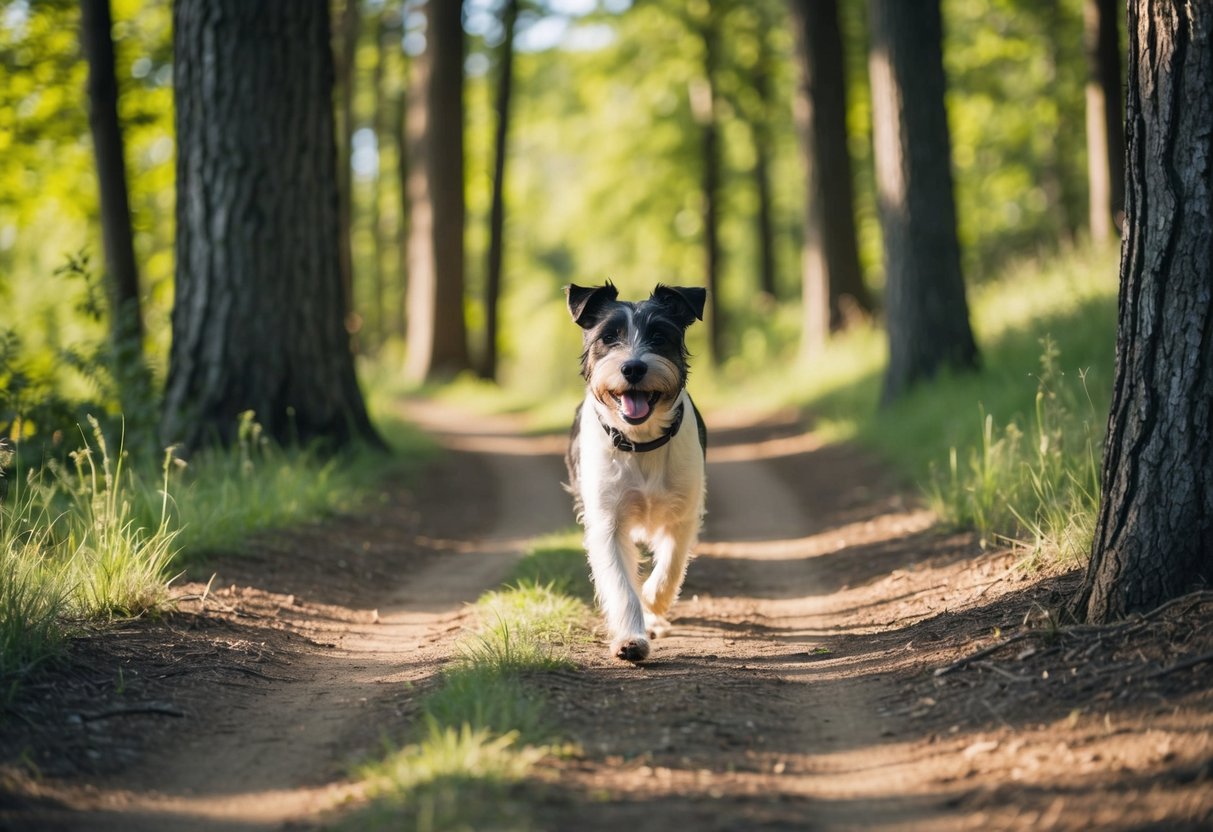 A border terrier trots happily along a winding forest trail, surrounded by tall trees and dappled sunlight