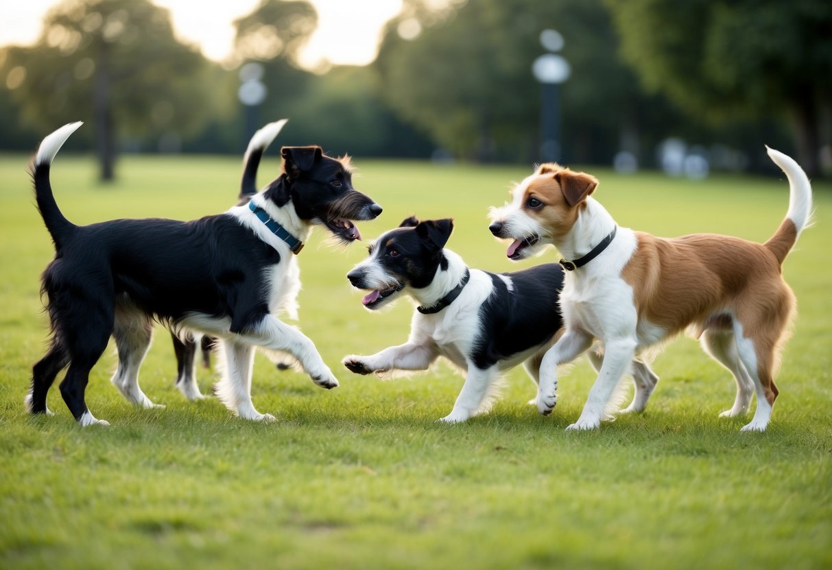 Two border terriers playfully interact with other dogs in a spacious, grassy park setting. Their tails wag as they sniff and greet their furry companions