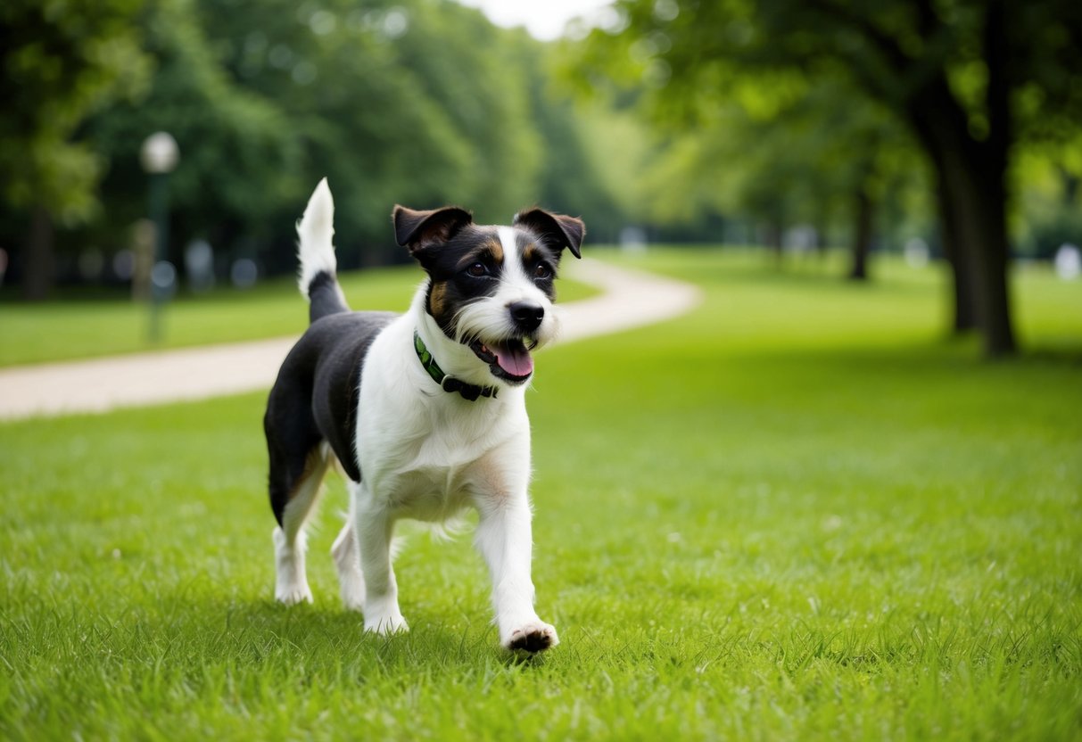 A Border Terrier walks happily through a lush green park, with trees and a winding path in the background