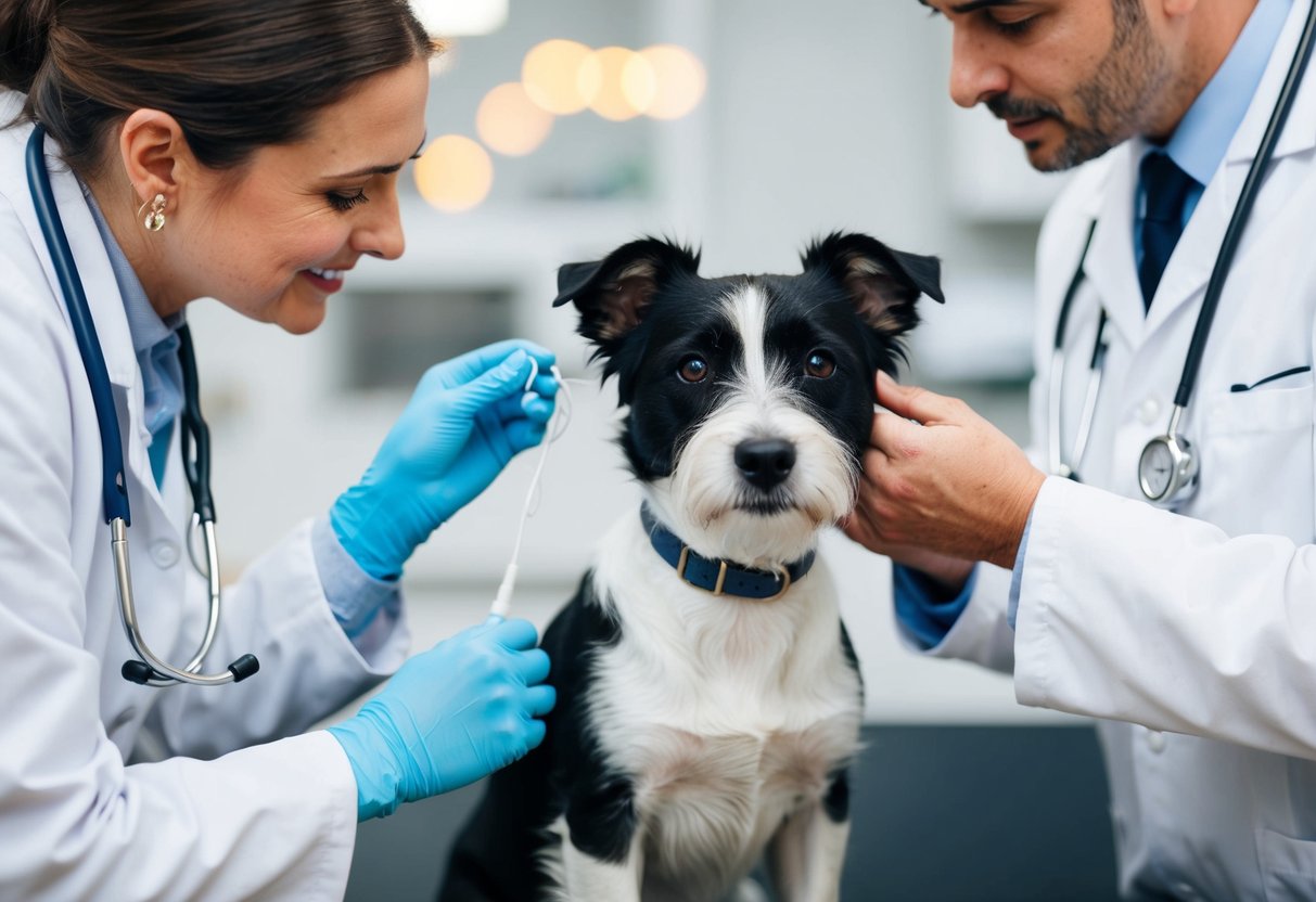 A Border Terrier with a vet, receiving a check-up. The vet is examining the dog's ears and the Border Terrier looks calm