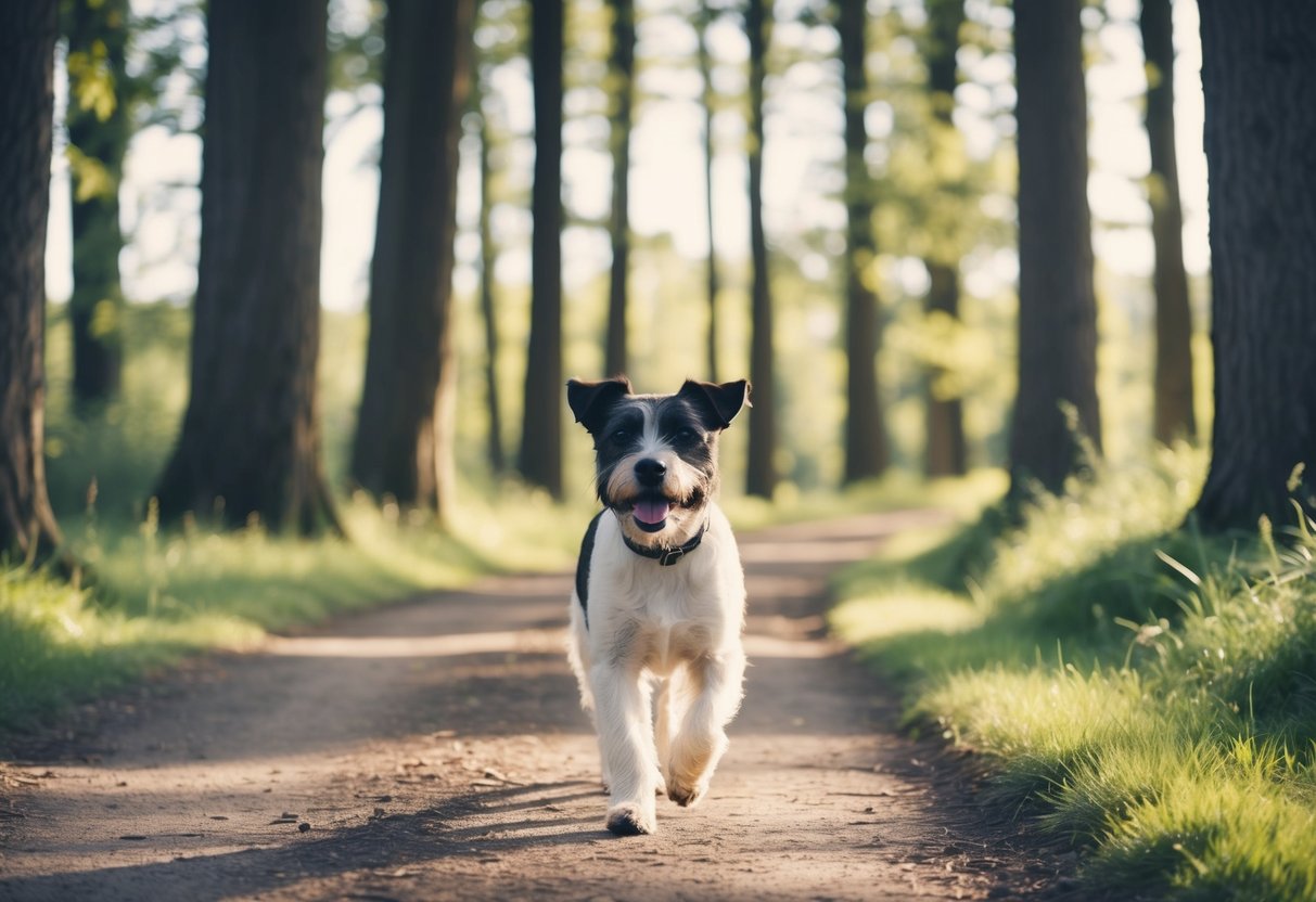 A Border Terrier happily walks along a winding forest path, surrounded by tall trees and dappled sunlight