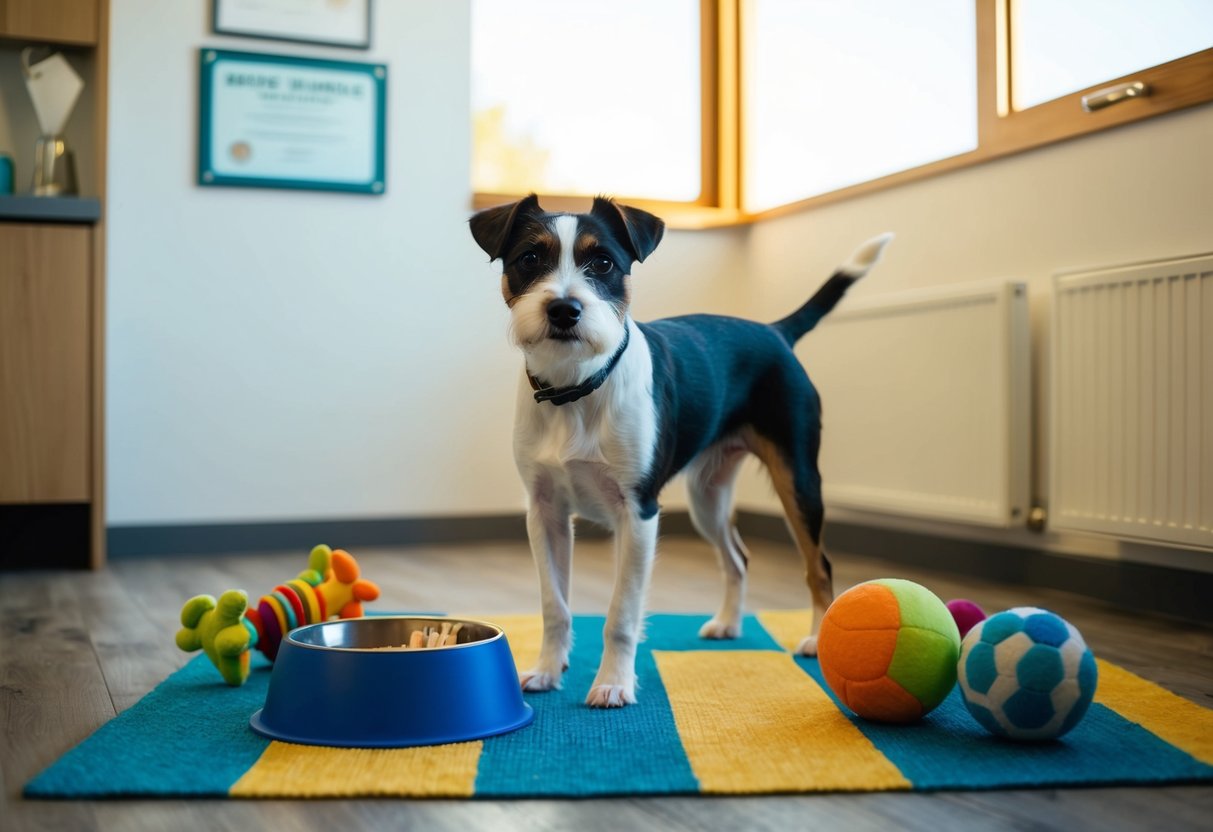 A border terrier stands in a sunny room, surrounded by toys and a bowl of fresh water. A veterinarian's certificate hangs on the wall