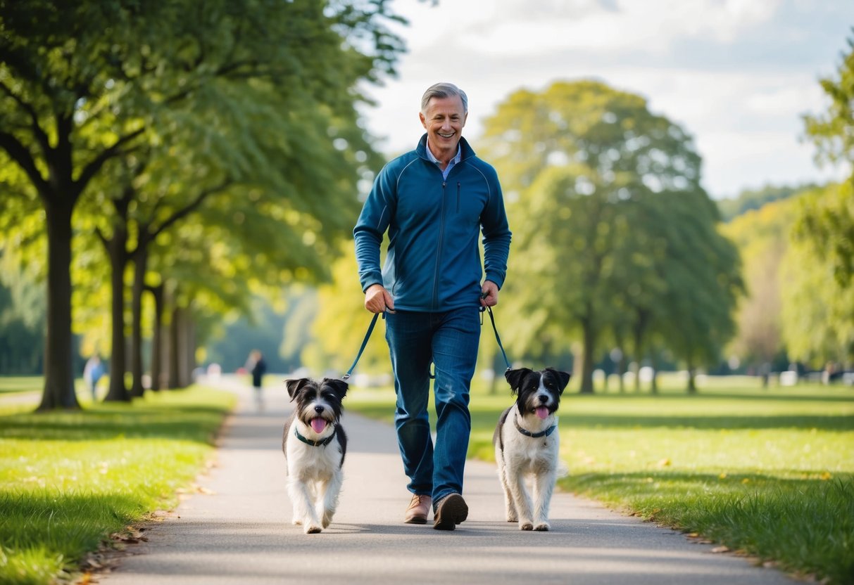 A Border Terrier happily walks alongside its owner through a scenic park, enjoying a long and leisurely stroll