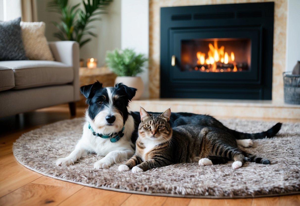 A border terrier and a cat peacefully coexist in a cozy living room, lounging on a plush rug in front of a crackling fireplace