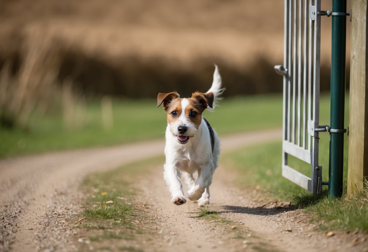A border terrier darts through an open gate, disappearing into the distance