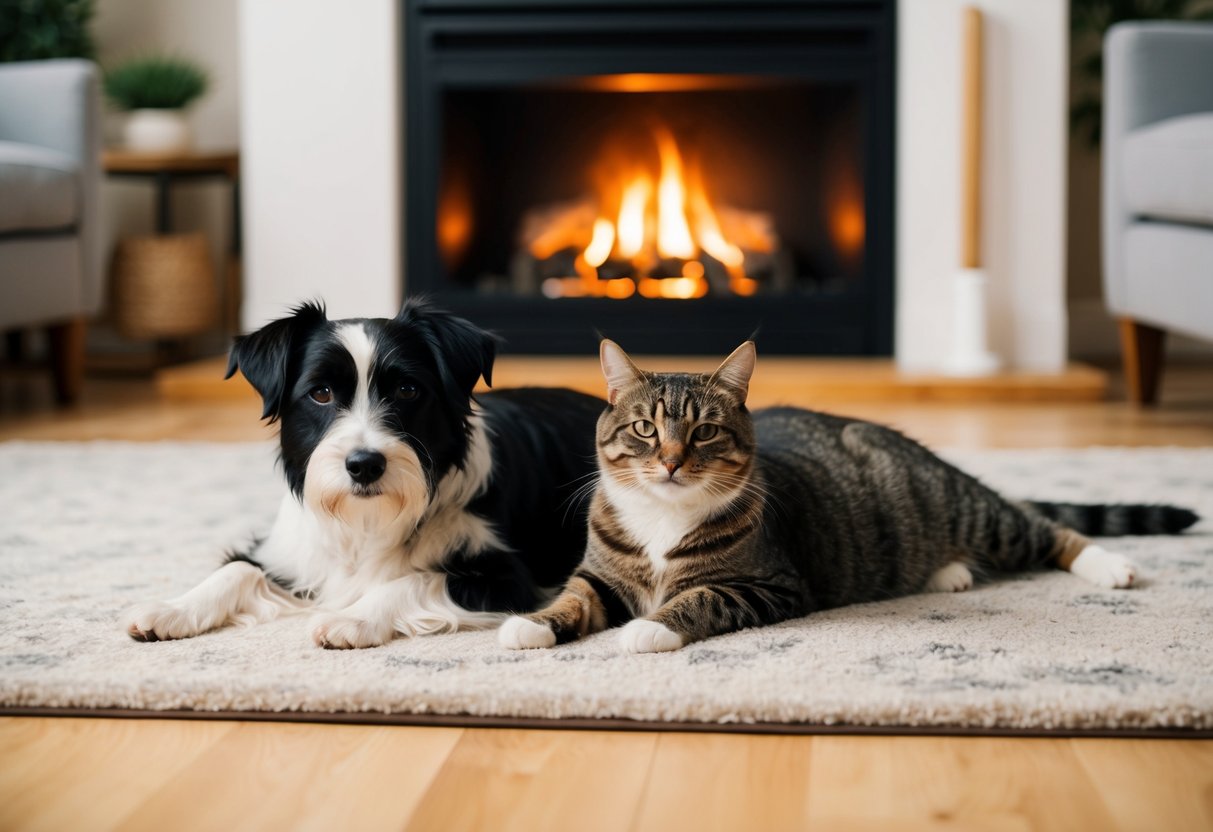 A border terrier and a cat peacefully coexist in a cozy living room, lounging together on a soft rug in front of a crackling fireplace