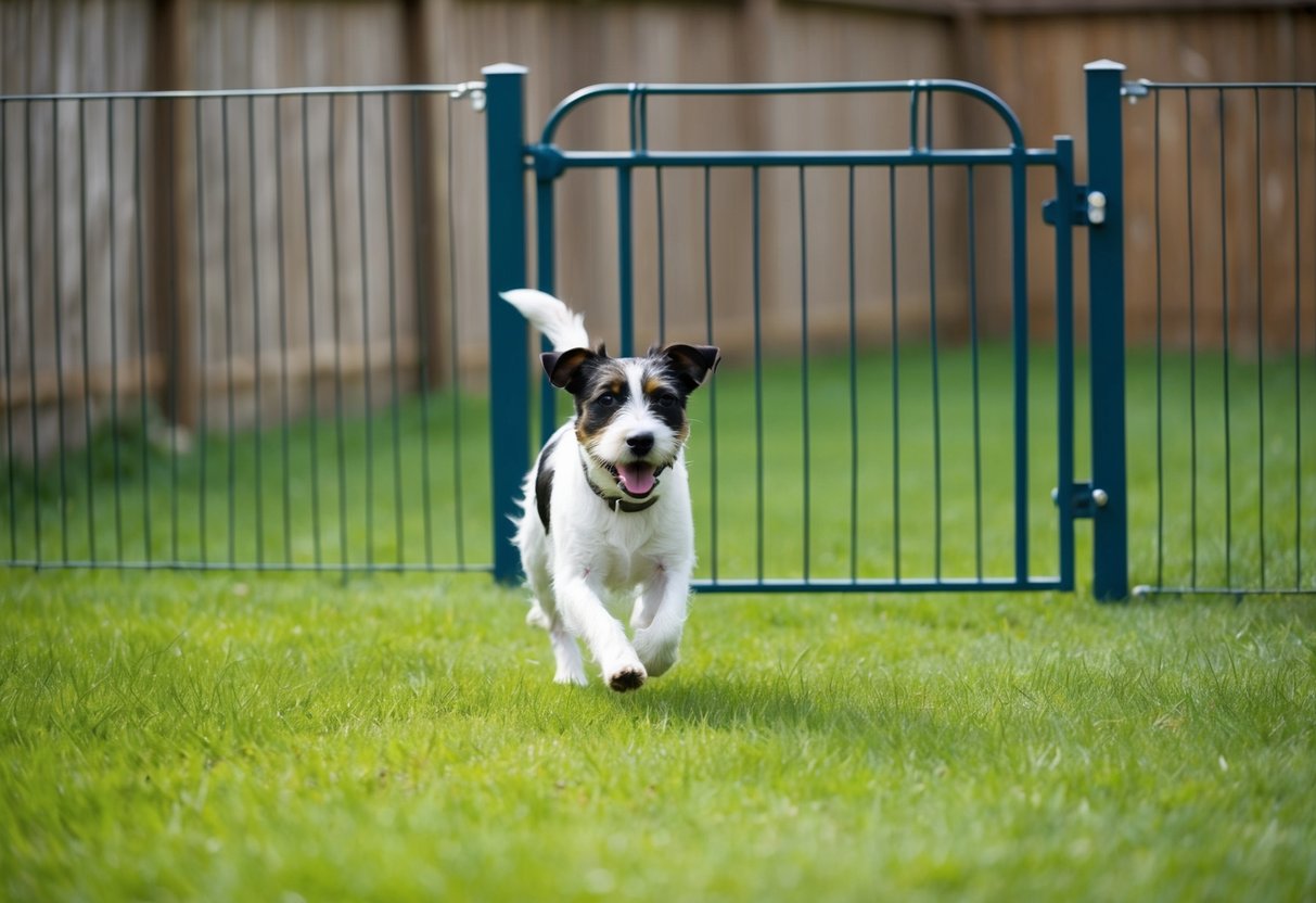 A border terrier runs freely in a fenced backyard, with a gate securely closed. The area is clear of hazards and potential escape routes