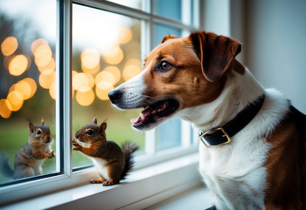 A border terrier barks at a squirrel outside the window