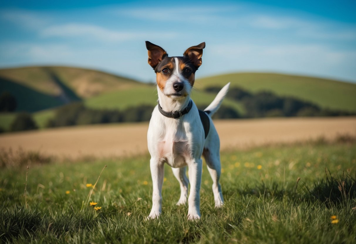 A border terrier stands alert, ears perked, in a peaceful countryside setting, surrounded by rolling hills and a clear blue sky