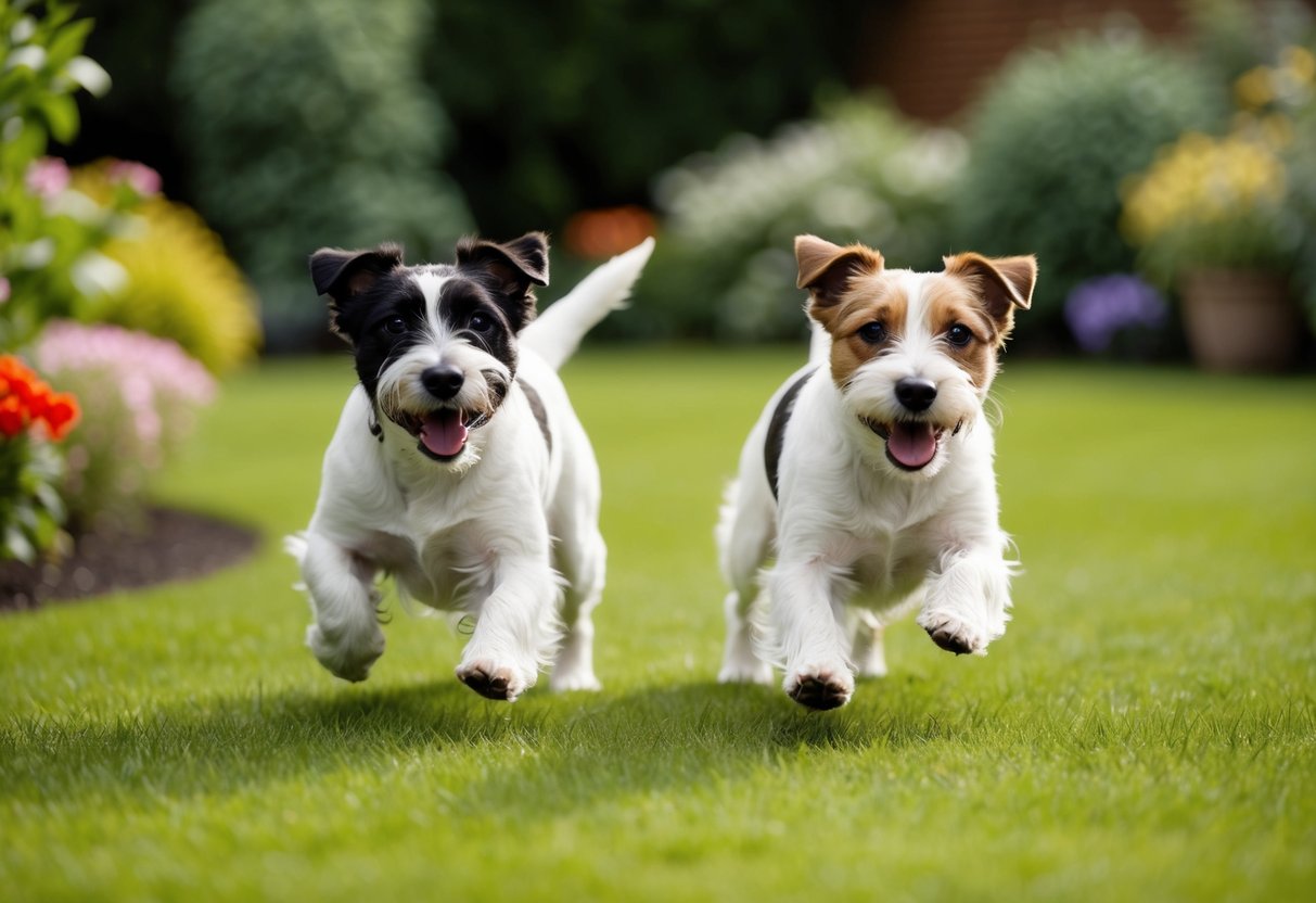 Two border terriers happily playing in a well-groomed garden