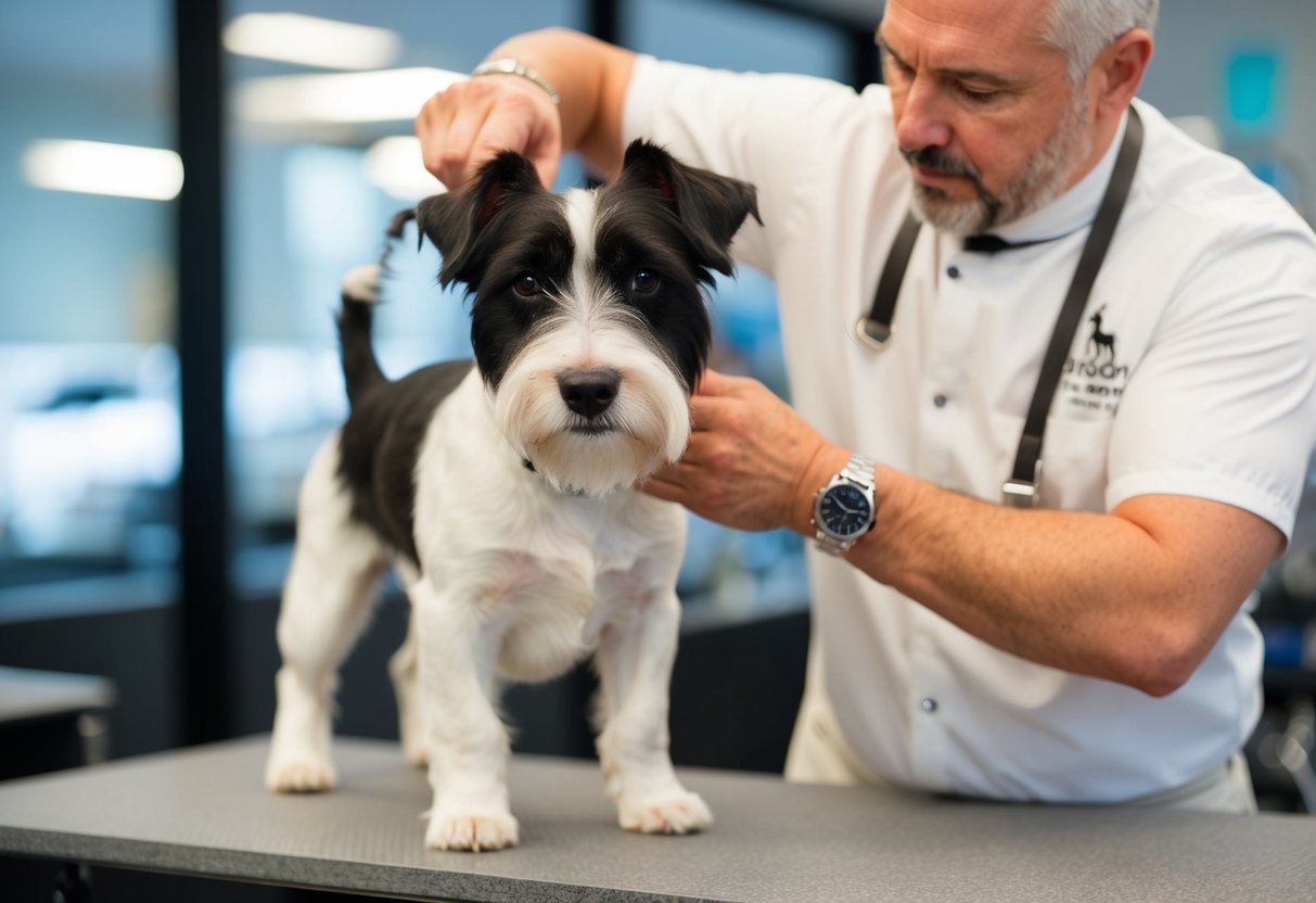 A border terrier being handstripped by a groomer every 6-8 weeks