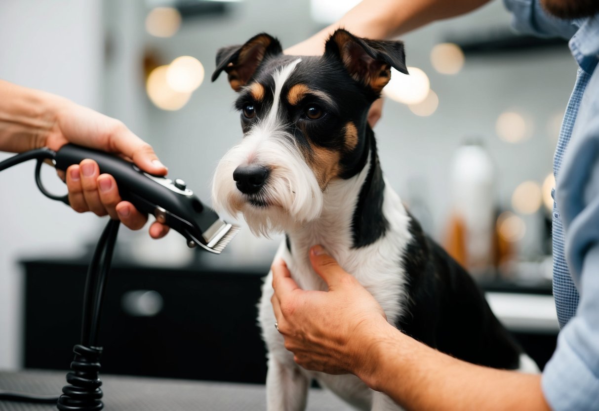 A border terrier being groomed with clippers