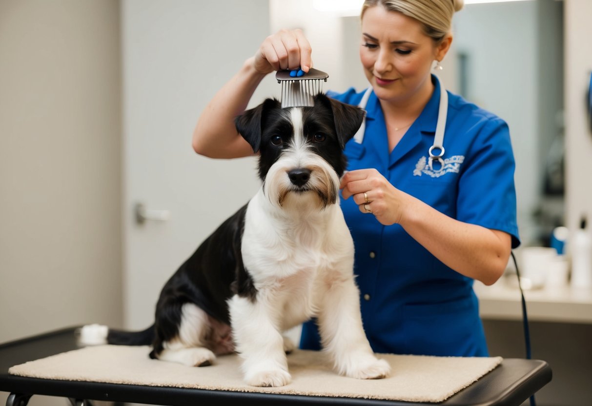 A border terrier being gently hand stripped by a skilled groomer in a calm and comfortable environment