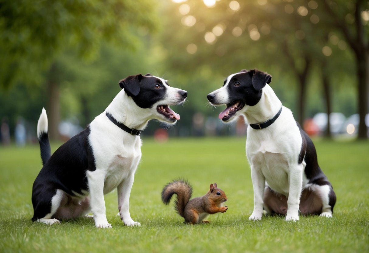 Two border terriers bark at a passing squirrel in a green park