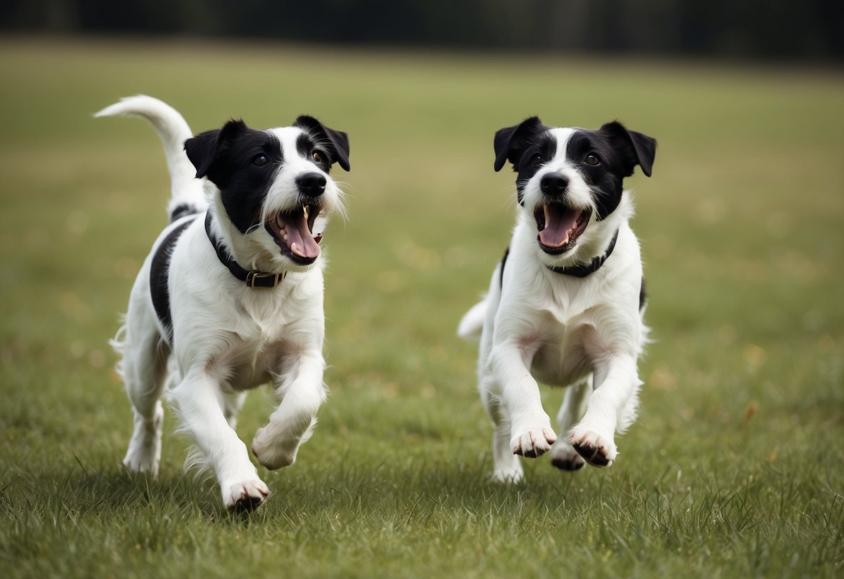 Two border terriers playfully barking while running in a grassy field