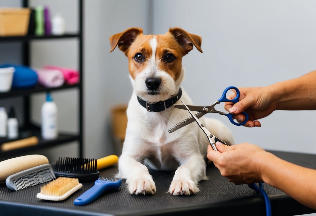A Border Terrier sits on a grooming table, surrounded by brushes, combs, and clippers. A hand holds a strip of the dog's coat, while the other hand holds a pair of grooming scissors
