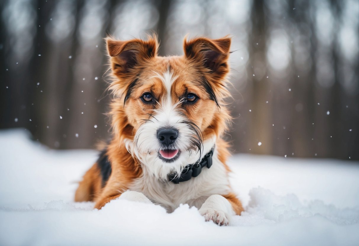 A border terrier shivers in the cold, its fur bristling as it seeks warmth