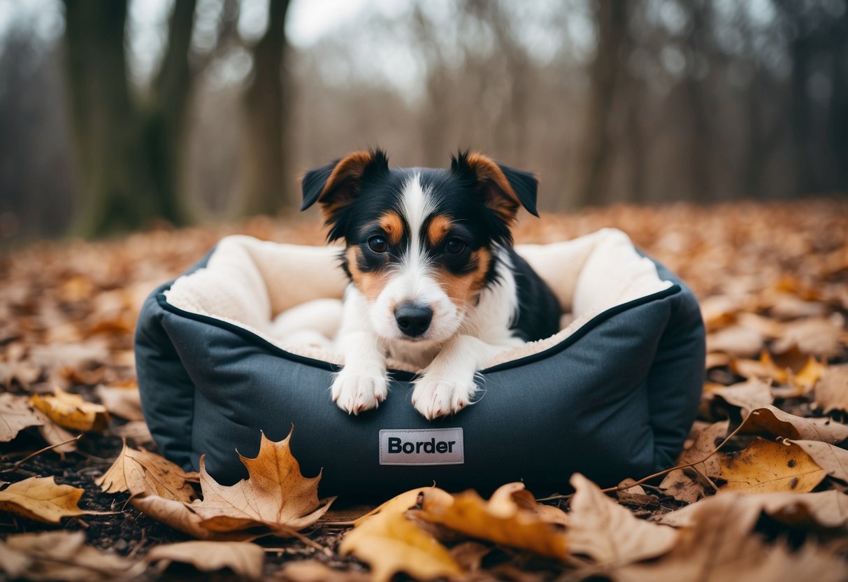 A Border Terrier shivers in the cold, surrounded by fallen leaves and a cozy dog bed