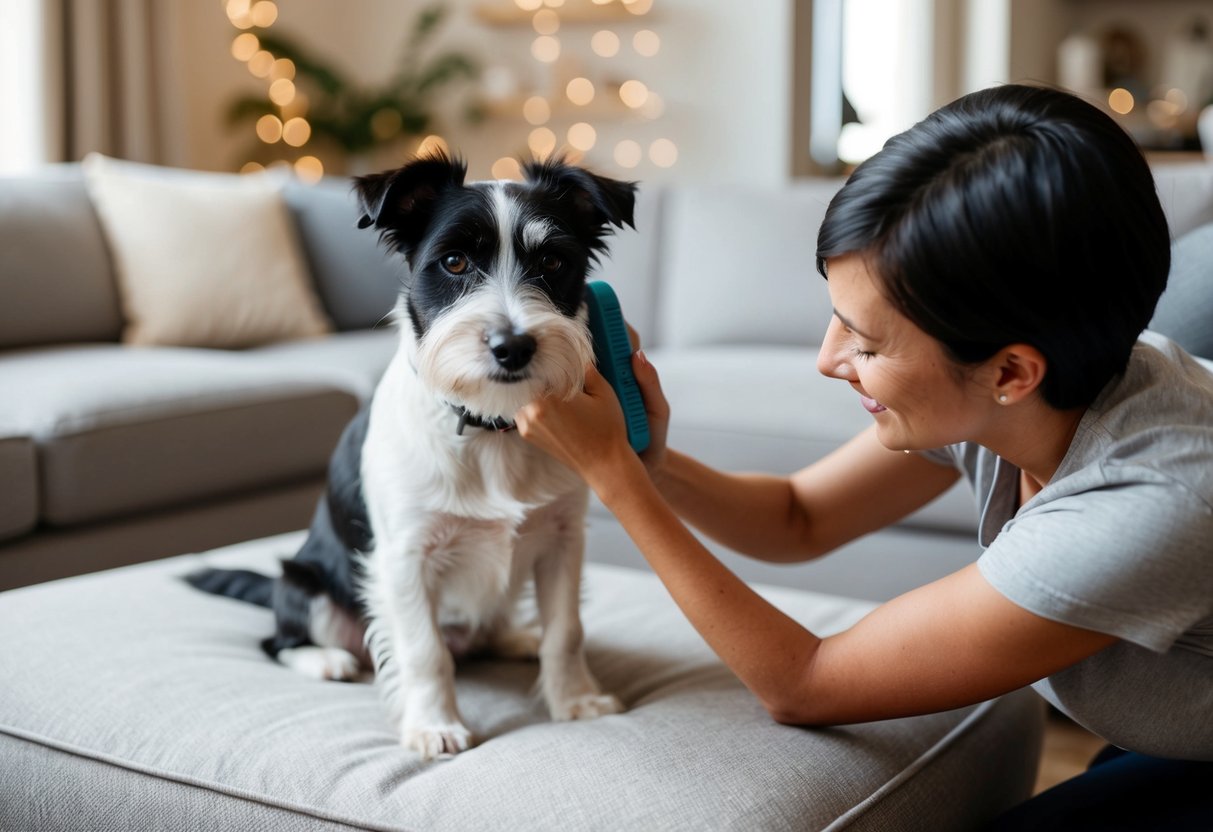 A border terrier being gently brushed by its owner in a cozy living room