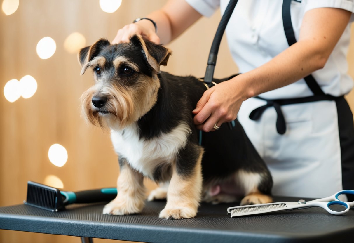 A Border Terrier being gently stripped of its coat by a groomer, surrounded by grooming tools and a calm, well-behaved dog