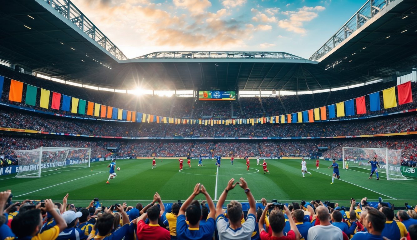 Sebuah stadion sepak bola yang ramai dengan penggemar yang bersorak, spanduk berwarna-warni, dan pemain di lapangan