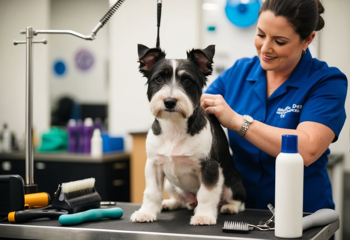 A border terrier being gently stripped by a groomer, surrounded by grooming tools and equipment