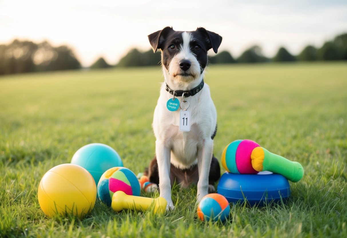 A Border Terrier stands on a grassy field, surrounded by colorful toys and dog accessories. A price tag dangles from a dog collar