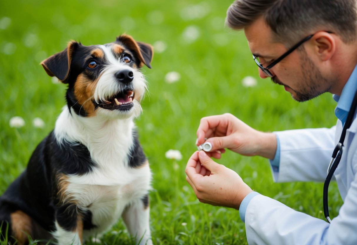 A border terrier sits on a green grassy field, looking up with bright, inquisitive eyes, while a vet examines its teeth and coat