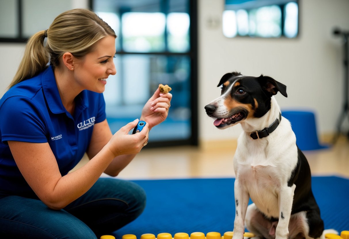 A border terrier sits obediently in front of a trainer, eagerly awaiting a treat. The trainer holds a clicker and a bag of treats, ready to reward the dog for good behavior