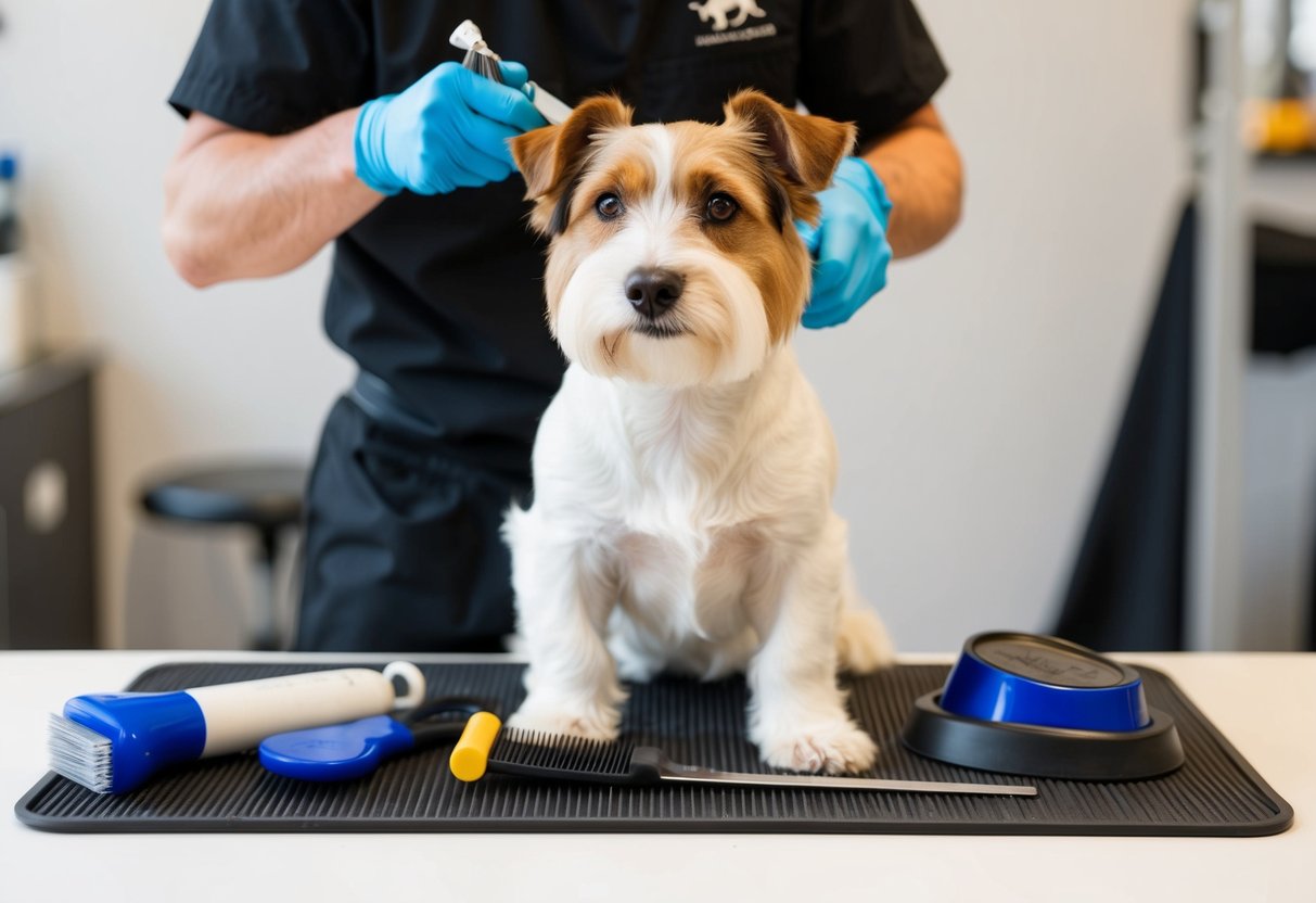 A border terrier being groomed by a professional, with tools and products for stripping the dog's coat laid out on a table