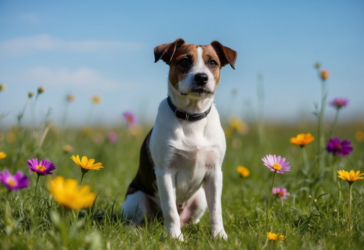 A Border Terrier sitting in a grassy field, with a curious expression, surrounded by colorful flowers and a clear blue sky