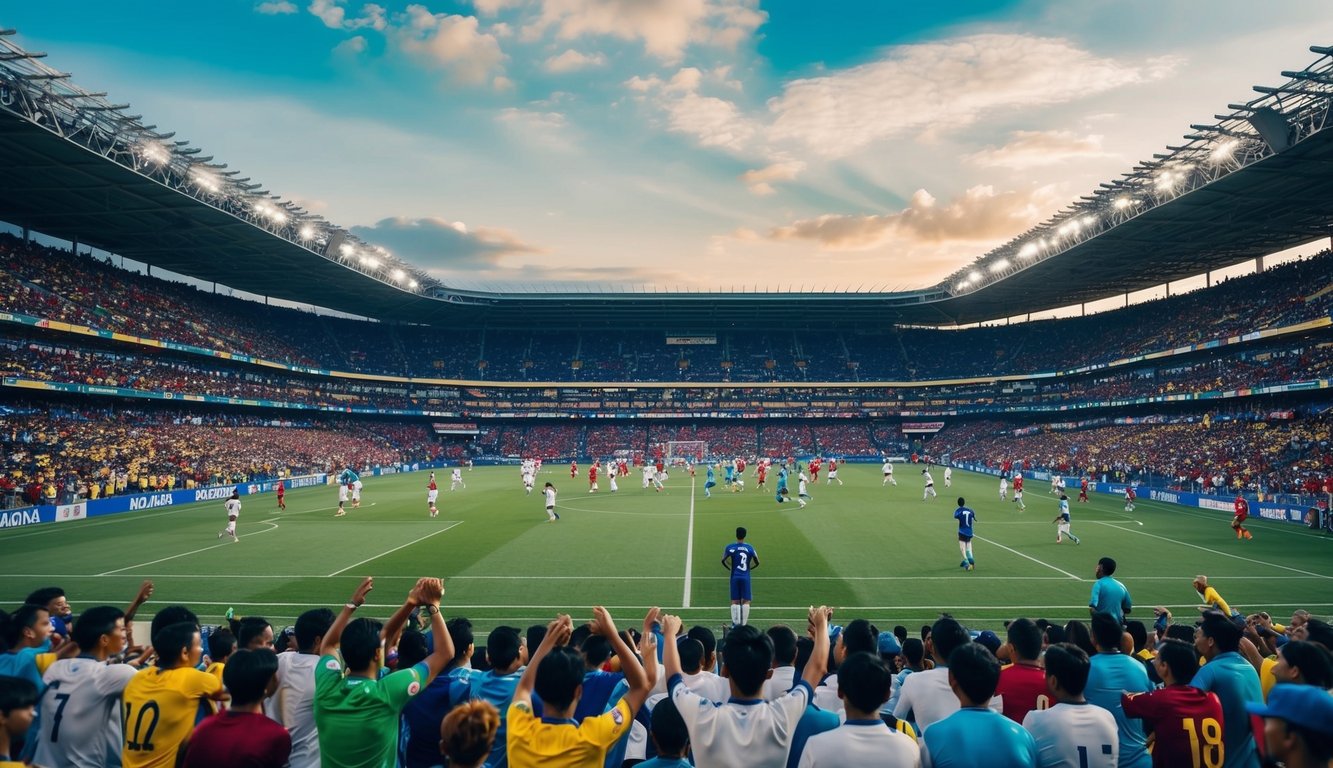 Sebuah stadion sepak bola Indonesia yang ramai dengan penggemar yang bersorak dan pemain di lapangan