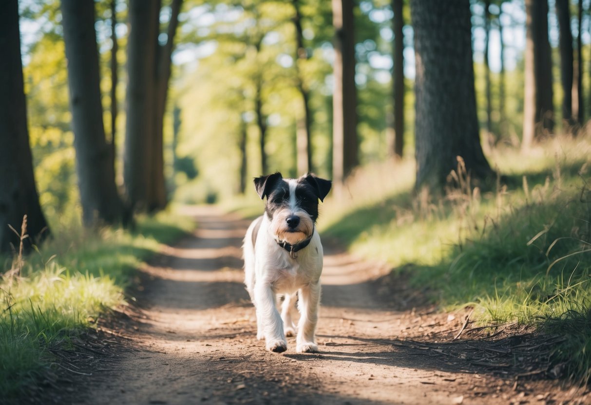 A border terrier walks along a winding forest path, surrounded by tall trees and dappled sunlight