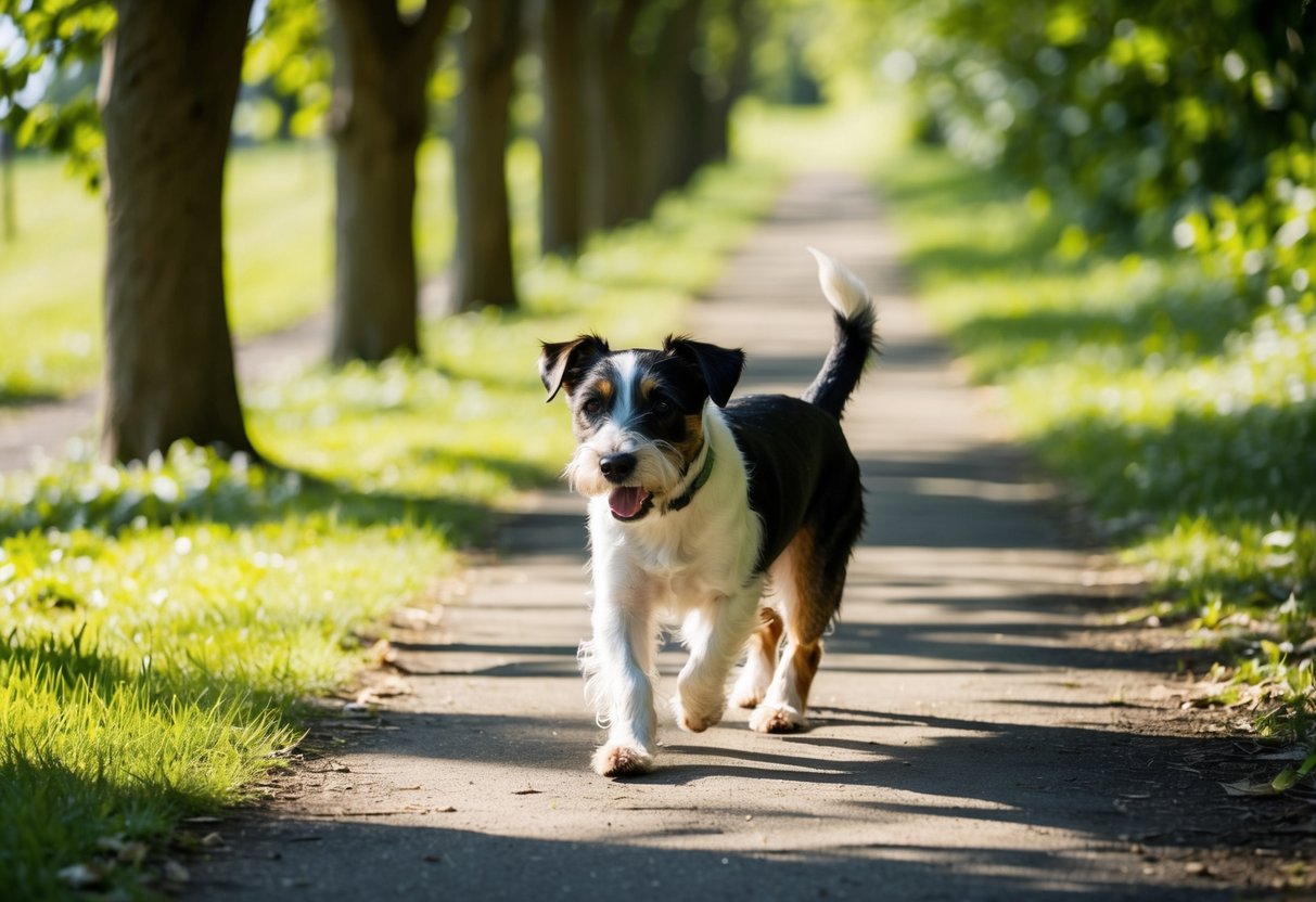 A Border Terrier walks along a tree-lined path, ears perked, tail wagging. The sun shines through the leaves, casting dappled shadows on the ground