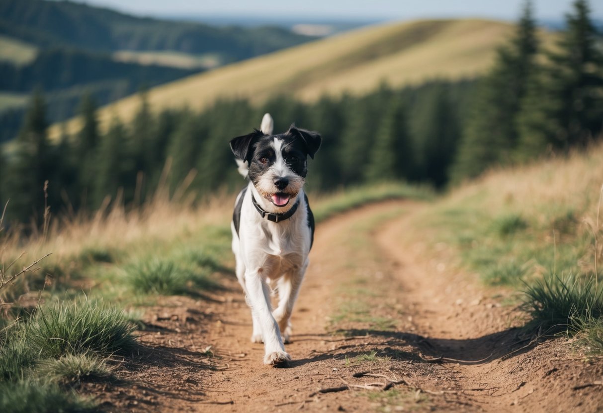 A Border Terrier walking along a forest trail, with rolling hills in the background
