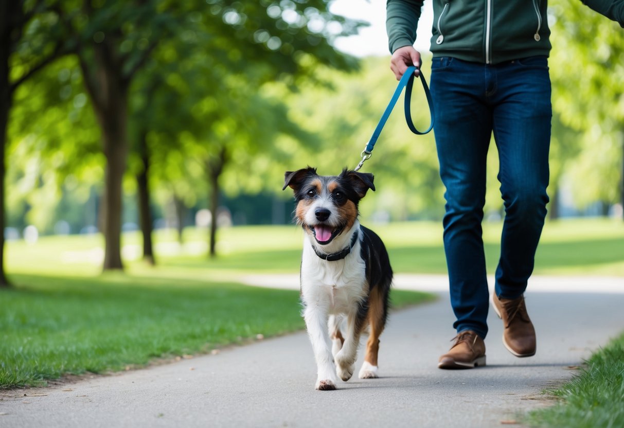 A Border Terrier happily walks on a leash beside its owner through a green park, with trees and a clear path ahead