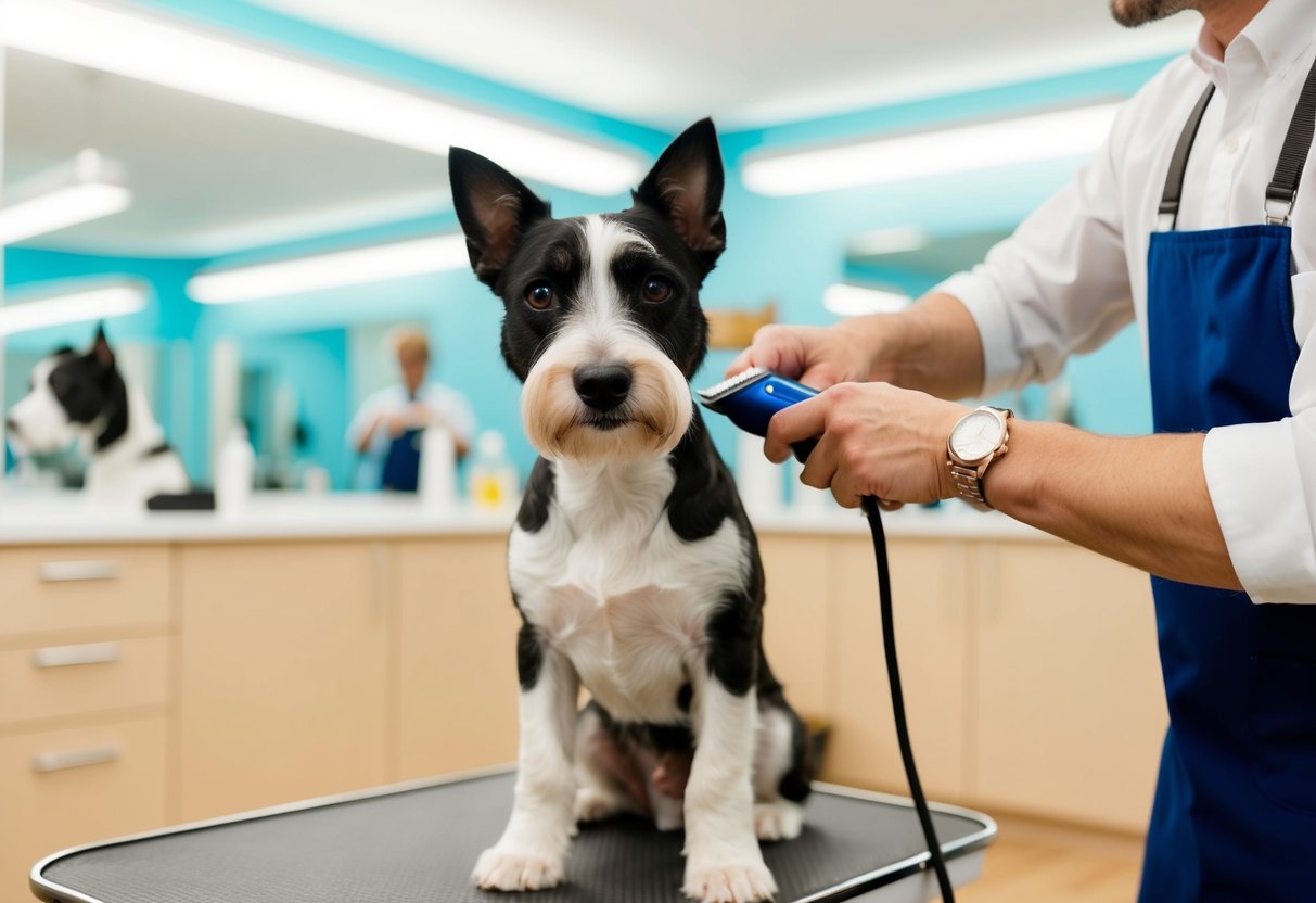 A border terrier being gently groomed with a razor by a professional groomer in a bright and clean grooming salon