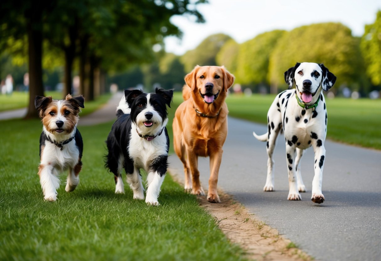 A Border Terrier walks alongside a Golden Retriever and a Dalmatian. They stroll through a green park with a clear path ahead