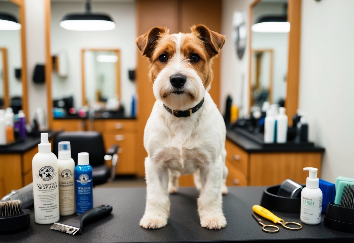 A Border Terrier with a thick, wiry coat stands in a grooming salon, surrounded by various grooming tools and products