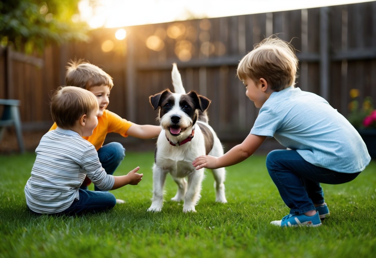 A border terrier plays with children in a backyard, wagging its tail and looking affectionately at them