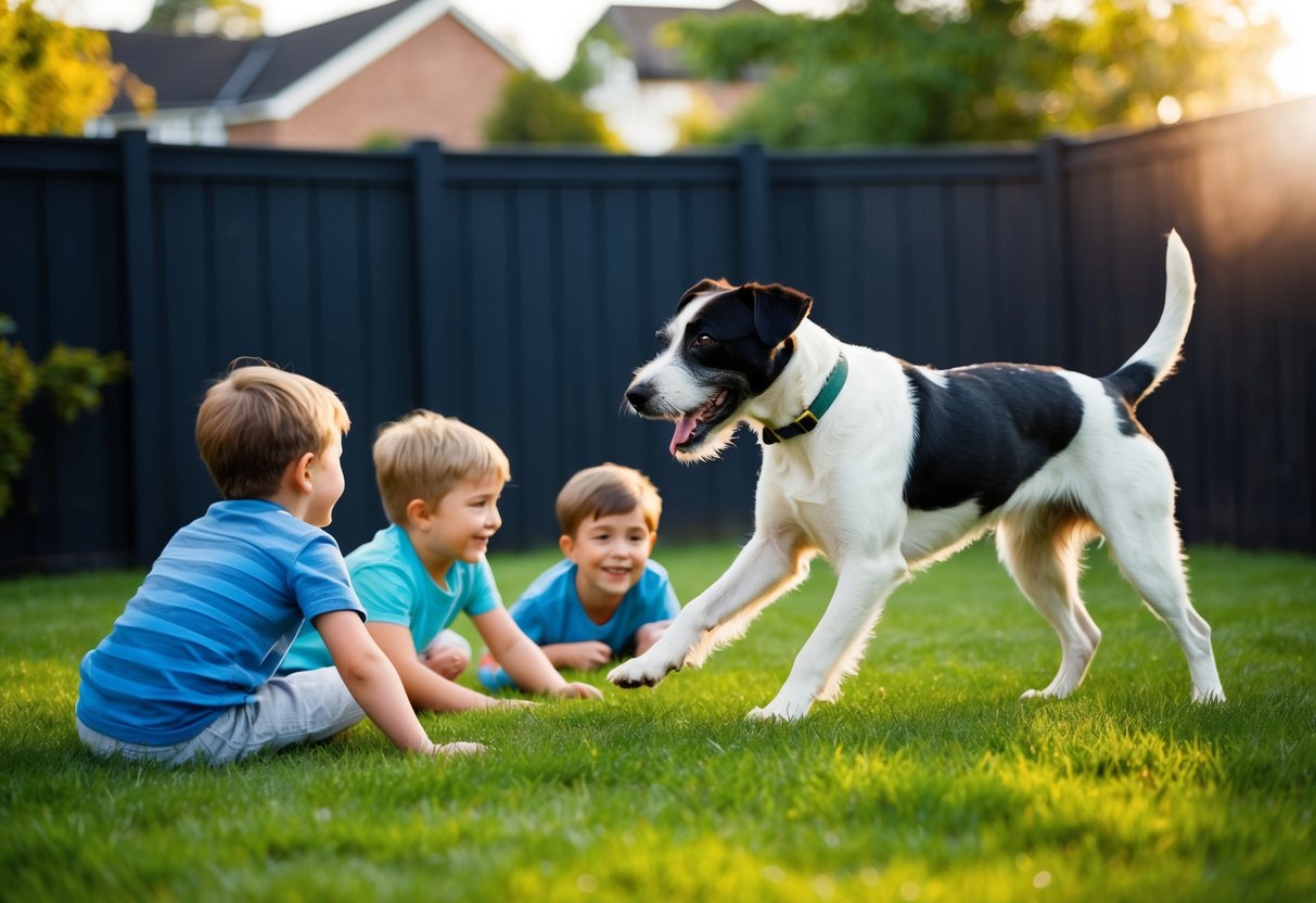 A Border Terrier plays with children in a fenced backyard, displaying affection and loyalty