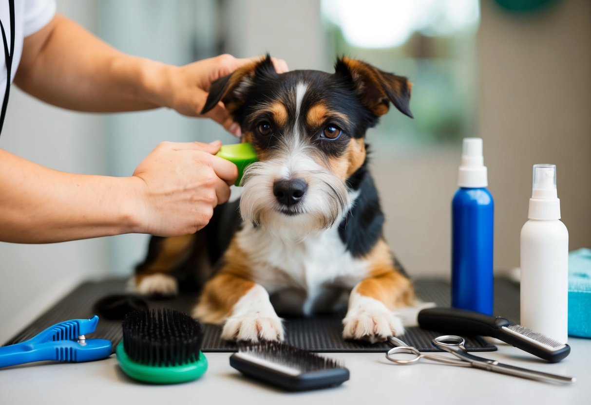 A Border Terrier being gently groomed with a brush, surrounded by grooming tools and products on a table