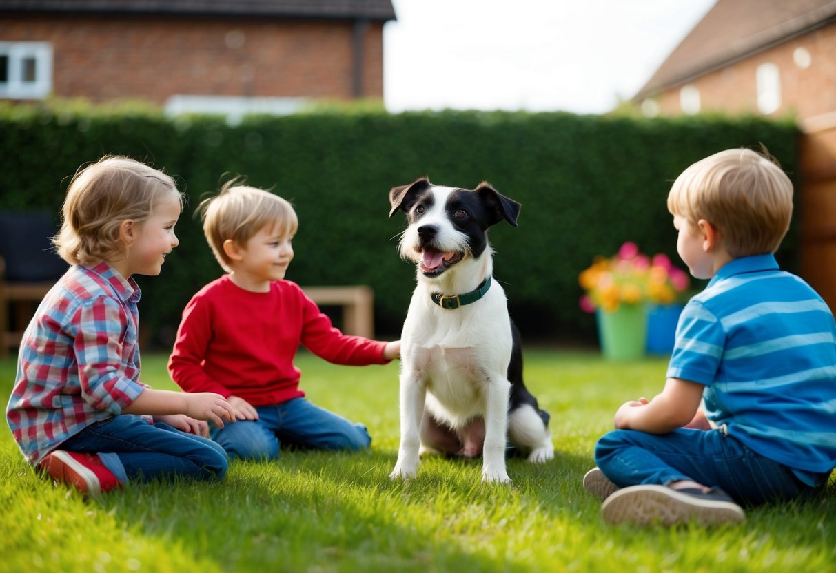 A border terrier plays with children in a backyard, wagging its tail and looking affectionately at the family