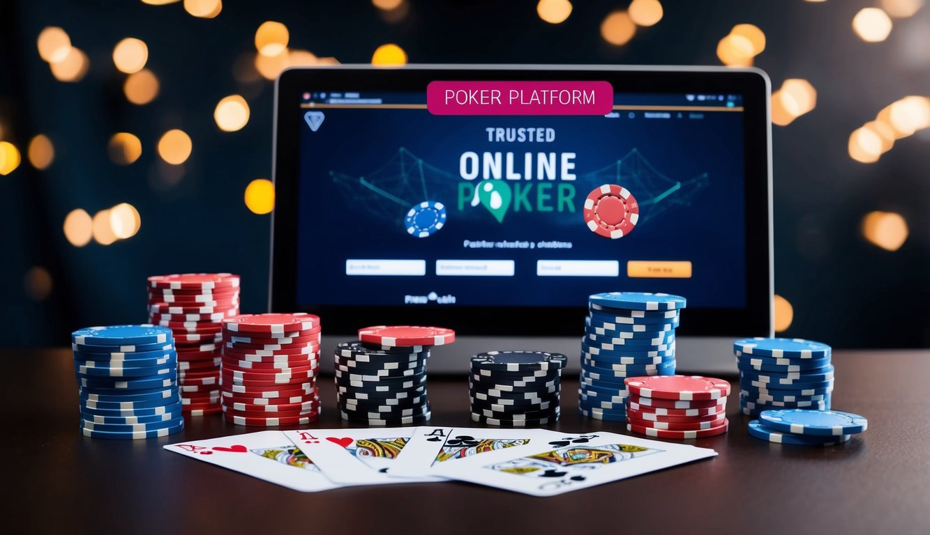 Sekelompok chip poker, kartu, dan layar komputer yang menampilkan platform poker online terpercaya