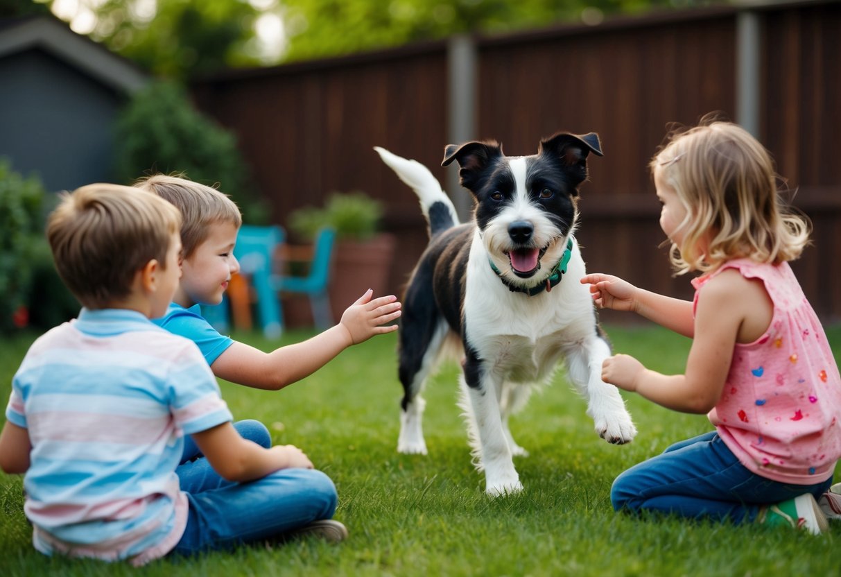 A border terrier playing with children in a backyard, showing affection and loyalty