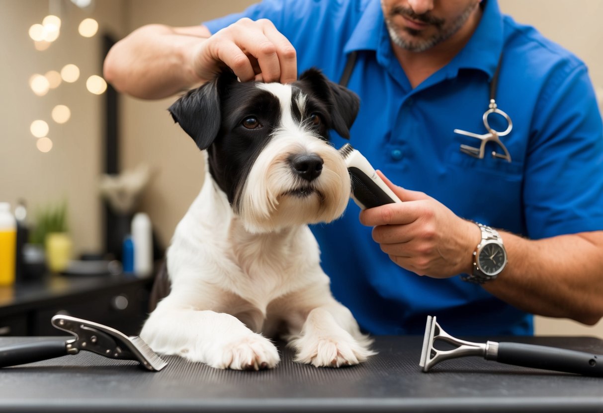 A border terrier sits calmly as a groomer carefully shaves its fur, surrounded by grooming tools and a professional setting